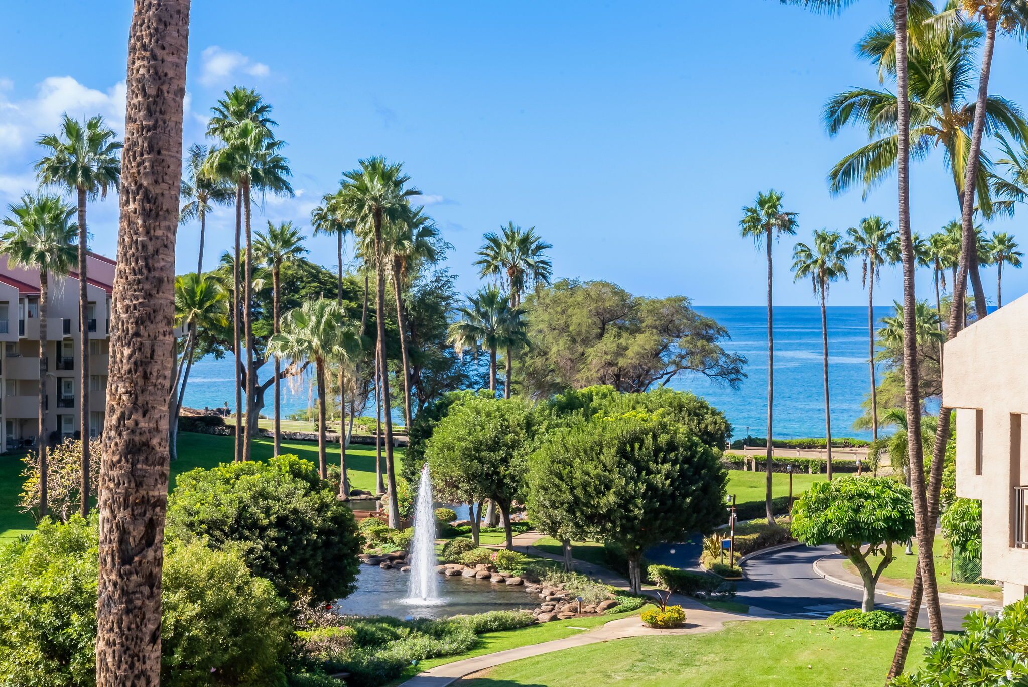Een resort met een fontein, palmbomen en uitzicht op de oceaan.