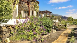 Ein Steinhaus mit Strohdach, umgeben von üppigem Grün und violetten Blumen.