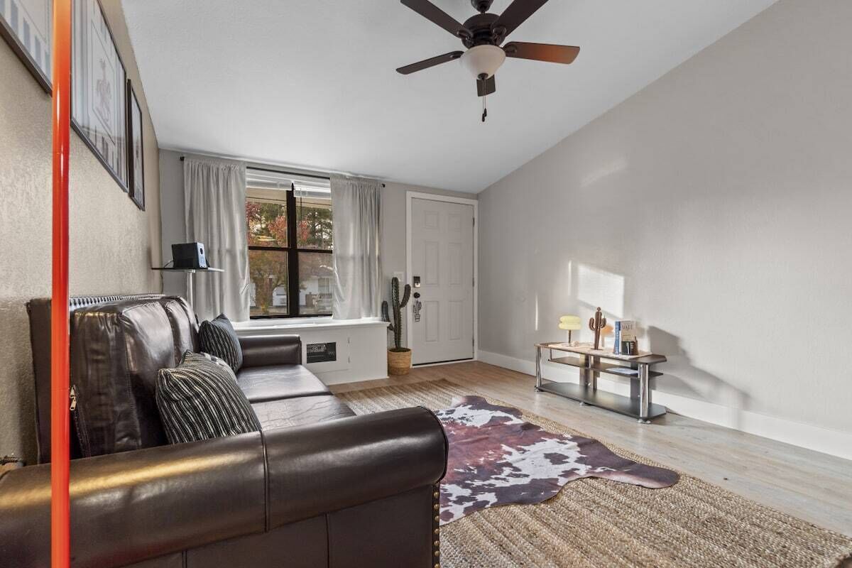 A living room with a leather sofa, a ceiling fan, a window with curtains, a cactus plant, and a small table with a lamp.