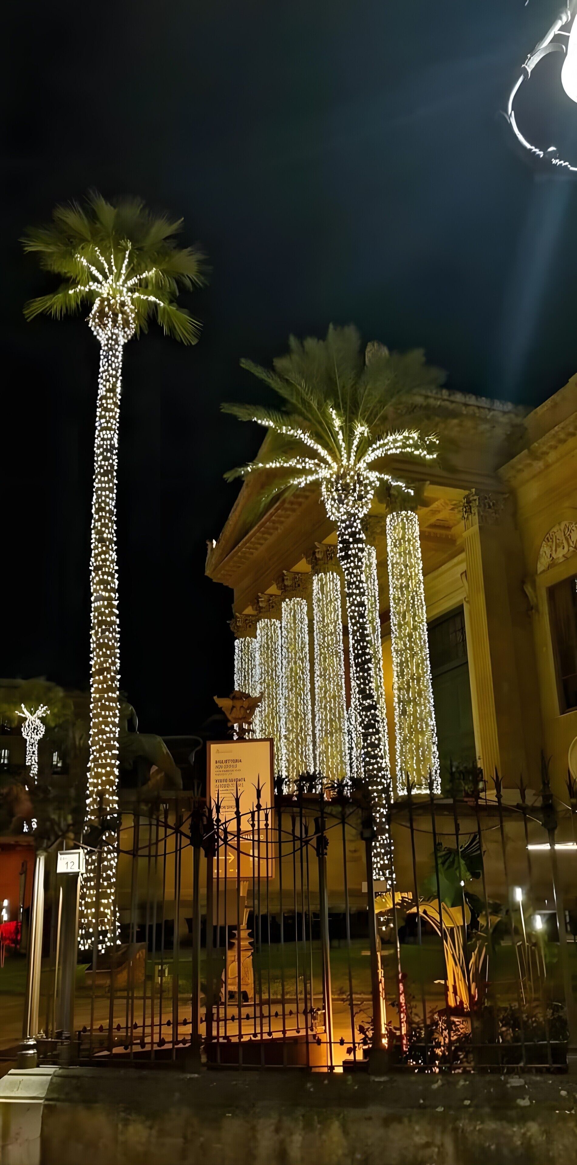 A building with palm trees wrapped in lights, a fountain, and a sign with text.