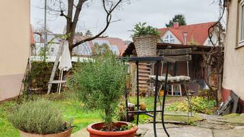 A garden with potted plants and a metal chair.