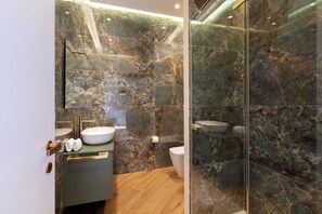 Regadera, secadora de cabello, bidet, toallas 