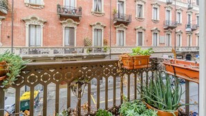 A red brick building with ornate balconies and potted plants.