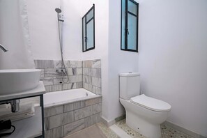 Hair dryer, towels, soap, toilet paper