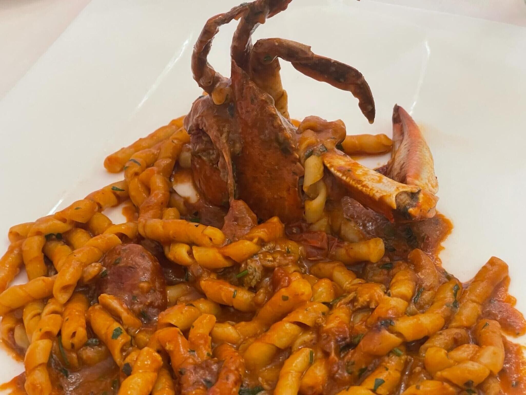 A plate of pasta with a crab leg.