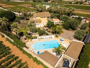 An aerial view of a large house with a swimming pool, surrounded by palm trees and vineyards. - Apartment 'Depandance with Shared Pool', Wi-Fi and Air Conditioning (Marsala)