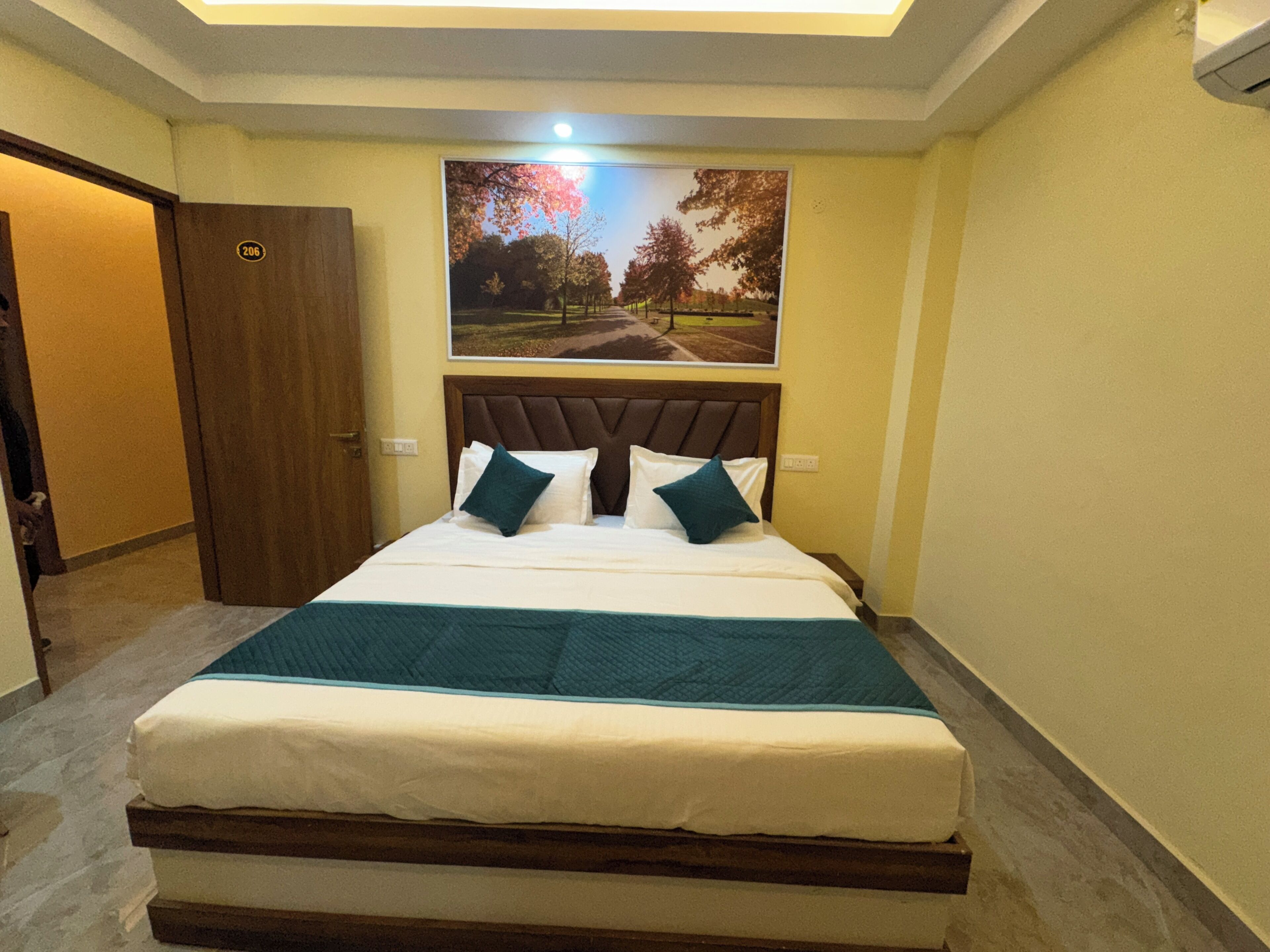 Une chambre d’hôtel avec un lit, une porte, un tableau accroché au mur et un luminaire au plafond.