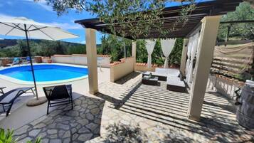 Seasonal outdoor pool, pool umbrellas, sun loungers