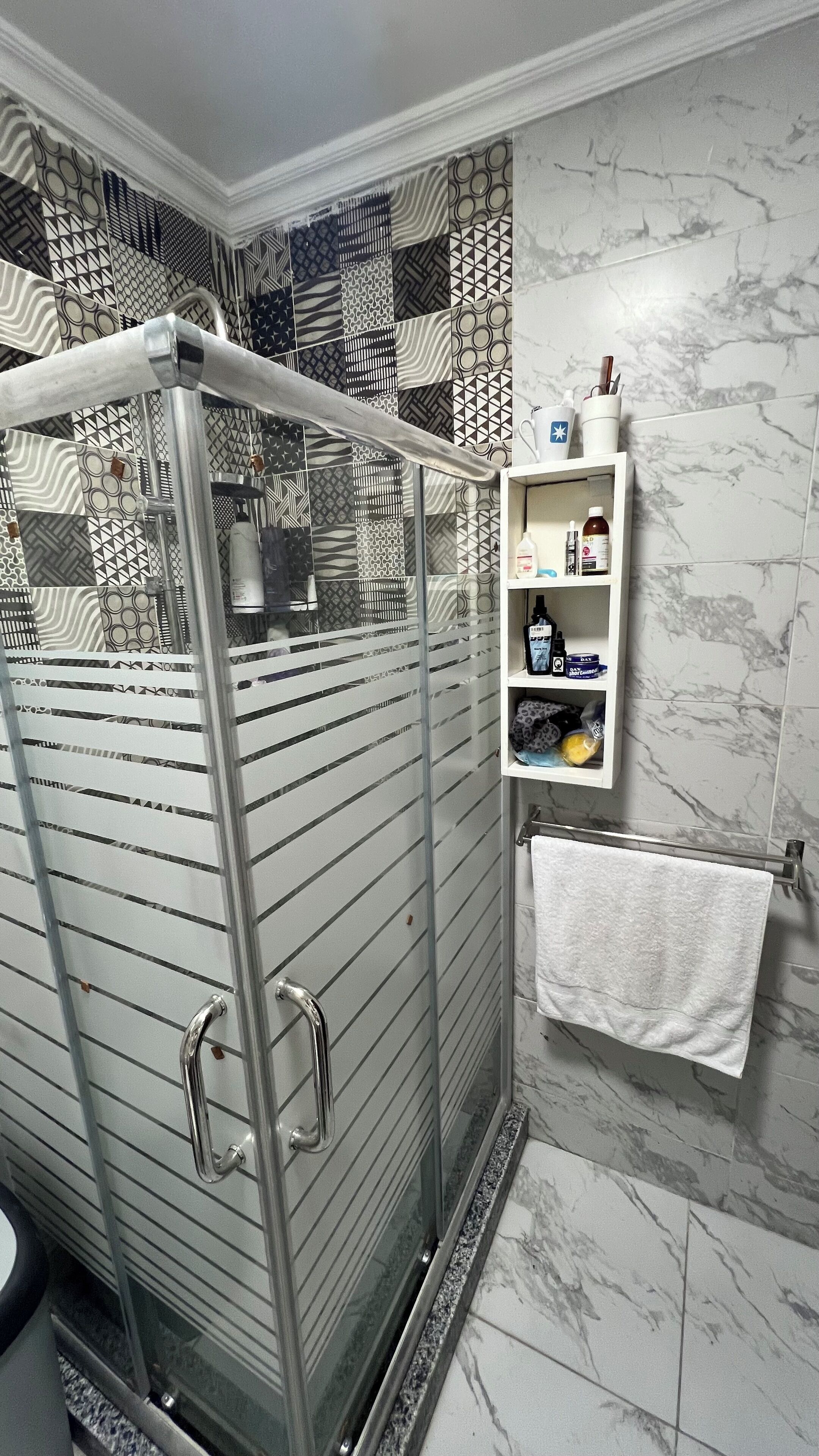 Hair dryer, towels, soap, toilet paper