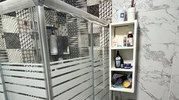 Hair dryer, towels, soap, toilet paper
