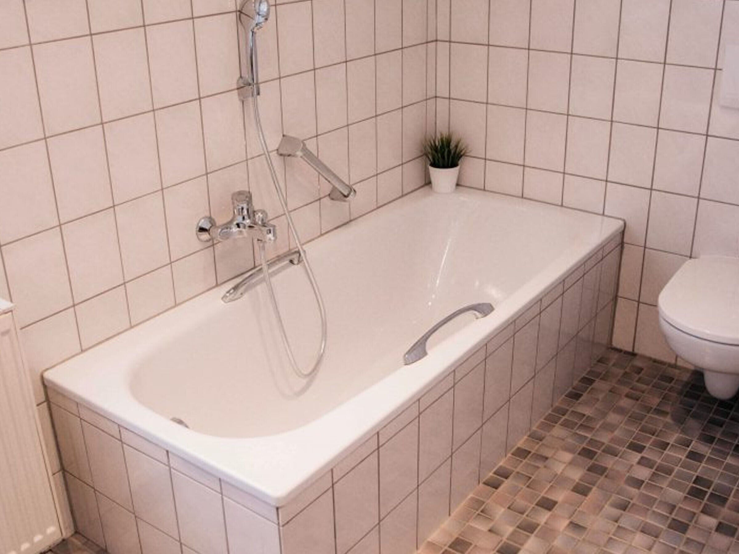Ett badrum med ett vitt badkar, en liten krukväxt och en toalett.