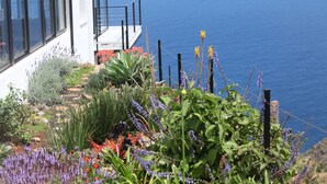 A coastal garden with a variety of plants and flowers, a modern building with large windows, and a view of the ocean. - Luxury villa with heated pool and exceptional sea and canyon views, (Barlovento)