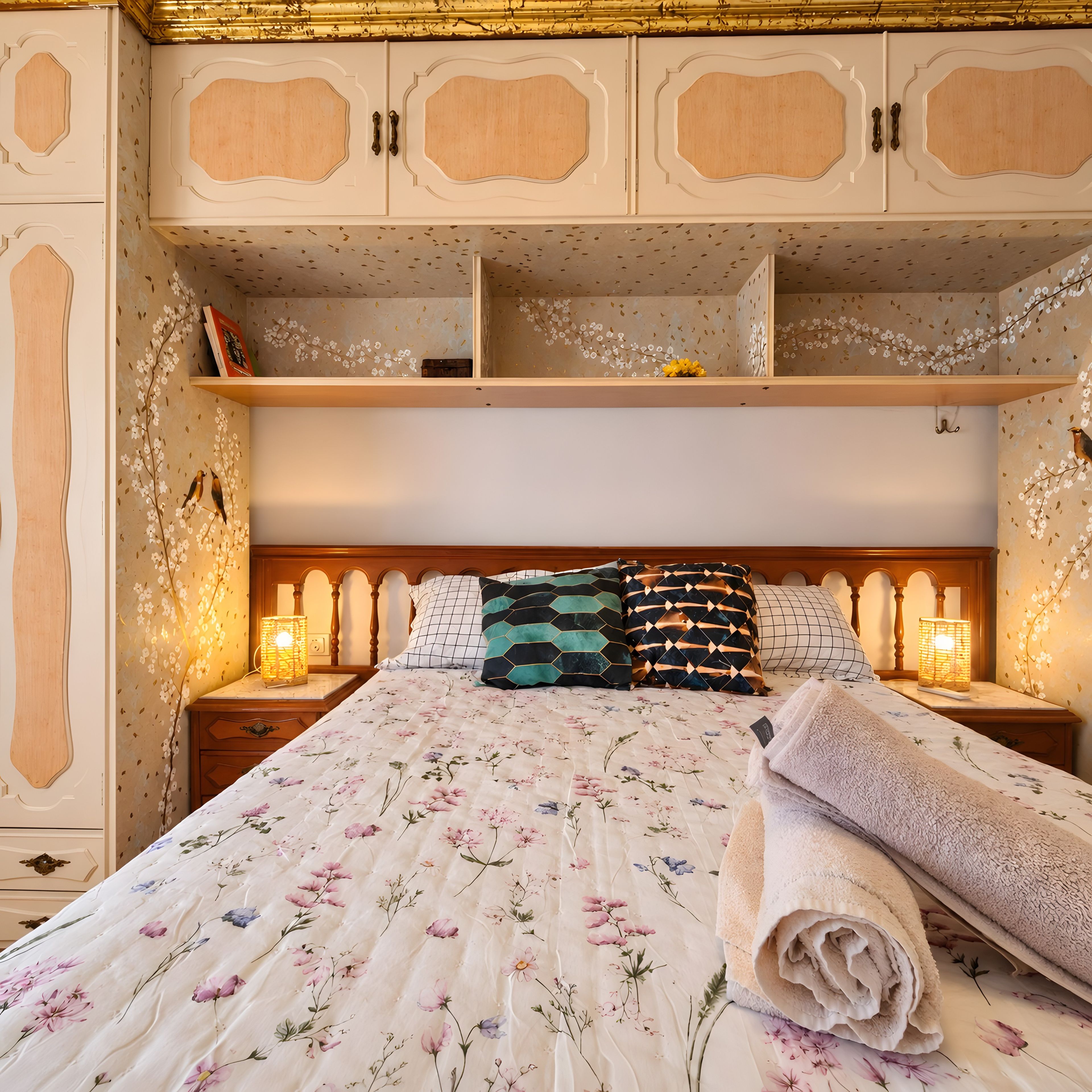 Un dormitorio con colcha estampada, cabecera de madera y mesita de noche con lámpara.