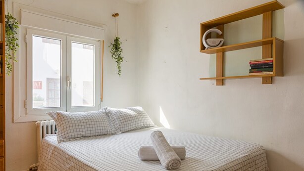 Un dormitorio con una cama, un radiador, una ventana, una planta colgante y una estantería de madera con libros.
