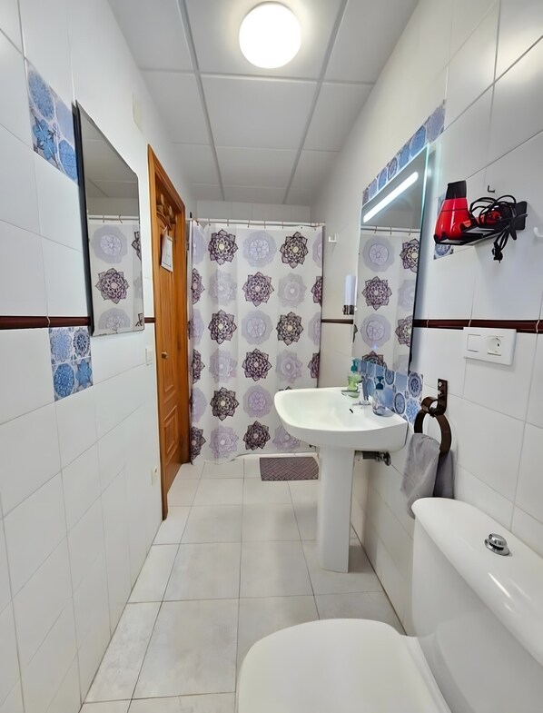 Chuveiro, secador de cabelo, toalhas de banho 