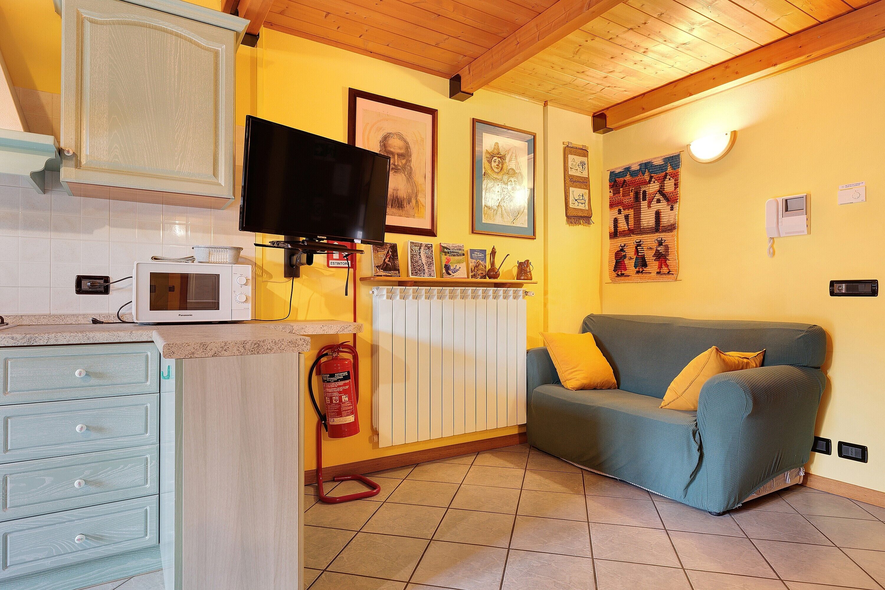 A kitchen with a microwave, a television, a fire extinguisher, and a radiator.