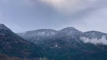 Een bergachtig landschap met besneeuwde toppen en een kasteelachtige constructie op een heuvel.