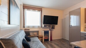 Un espacio habitable compacto con sofá, televisor de pantalla plana, chimenea y kitchenette.