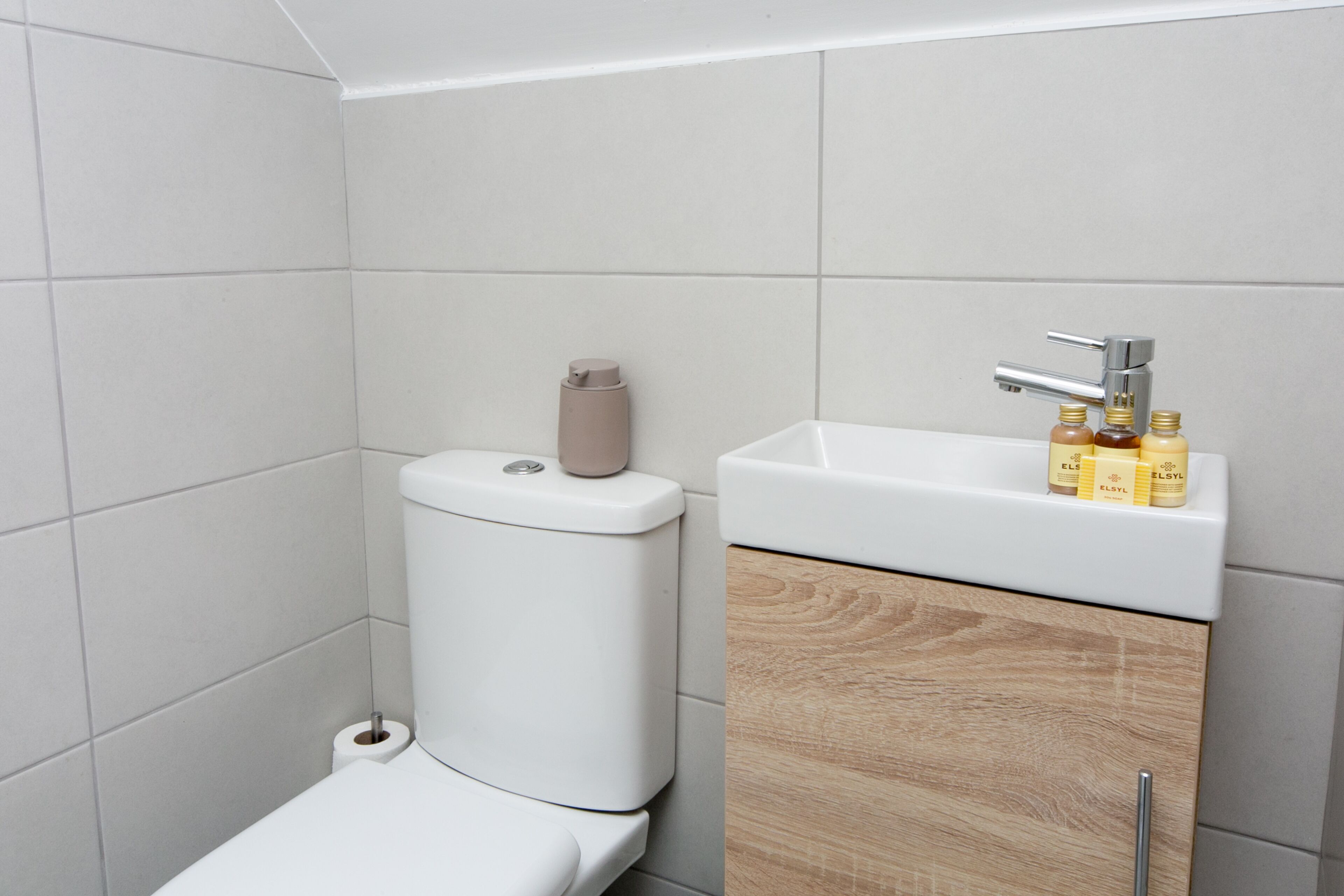 A modern bathroom with a toilet, a sink, and toiletries.