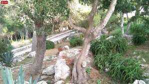 A garden with trees, rocks, and various plants. - NiceView Apartment in Son Bou with Sea View – Ideal for Couples (ALAIOR)