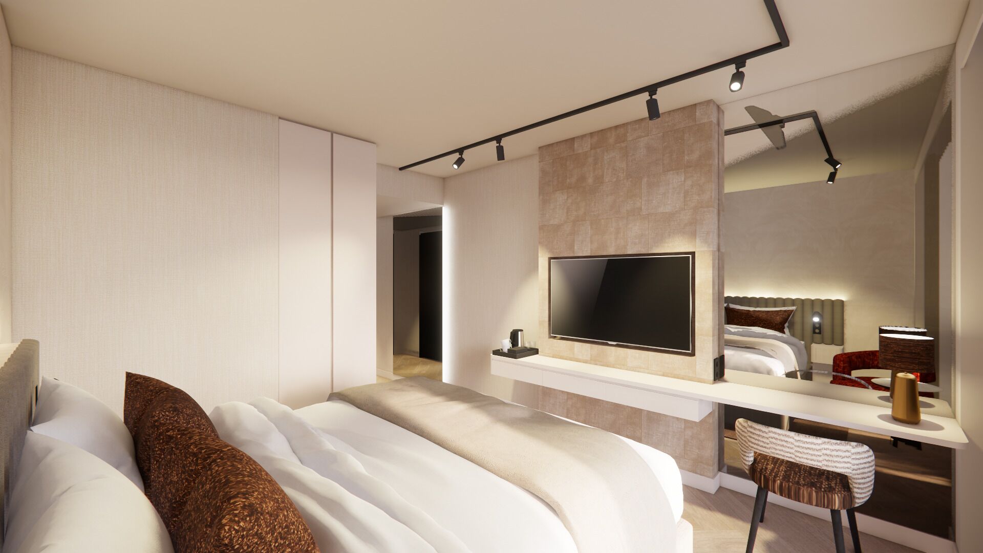 A modern hotel room with a large bed, a desk with a flat-screen TV, and a chair.
