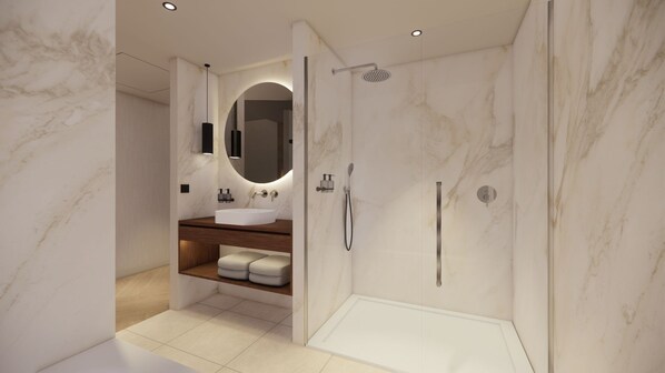 A modern bathroom with a marble wall, a built-in sink, a vanity, and a walk-in shower. - Spaarnwoude Park Hotel (Velsen-Zuid)