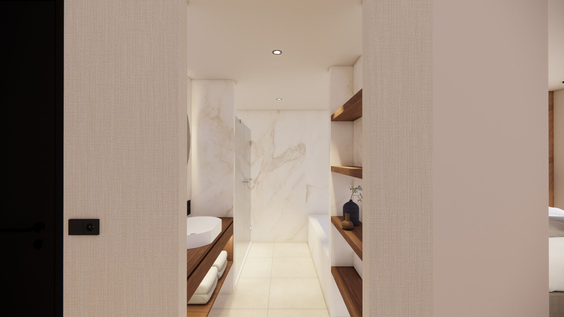 A modern bathroom with a marble wall, a white sink, and wooden shelves.