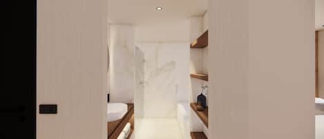 A modern bathroom with a marble wall, a white sink, and wooden shelves.