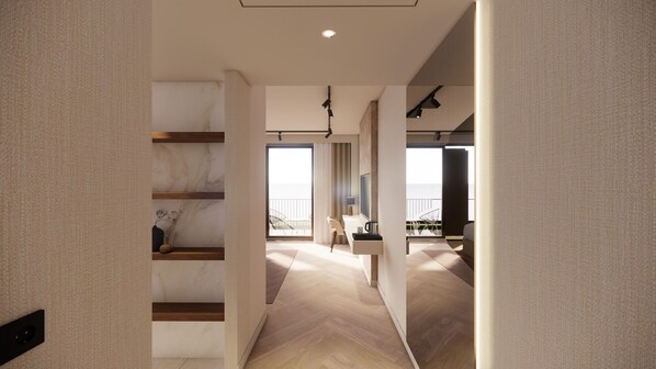 A modern interior with a wooden staircase, a balcony with a view, and a minimalist design. - Spaarnwoude Park Hotel (Velsen-Zuid)