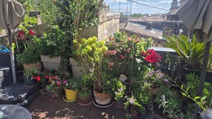 A rooftop garden with potted plants and a view of historic buildings. - Un nid sur les toits (Avignon)