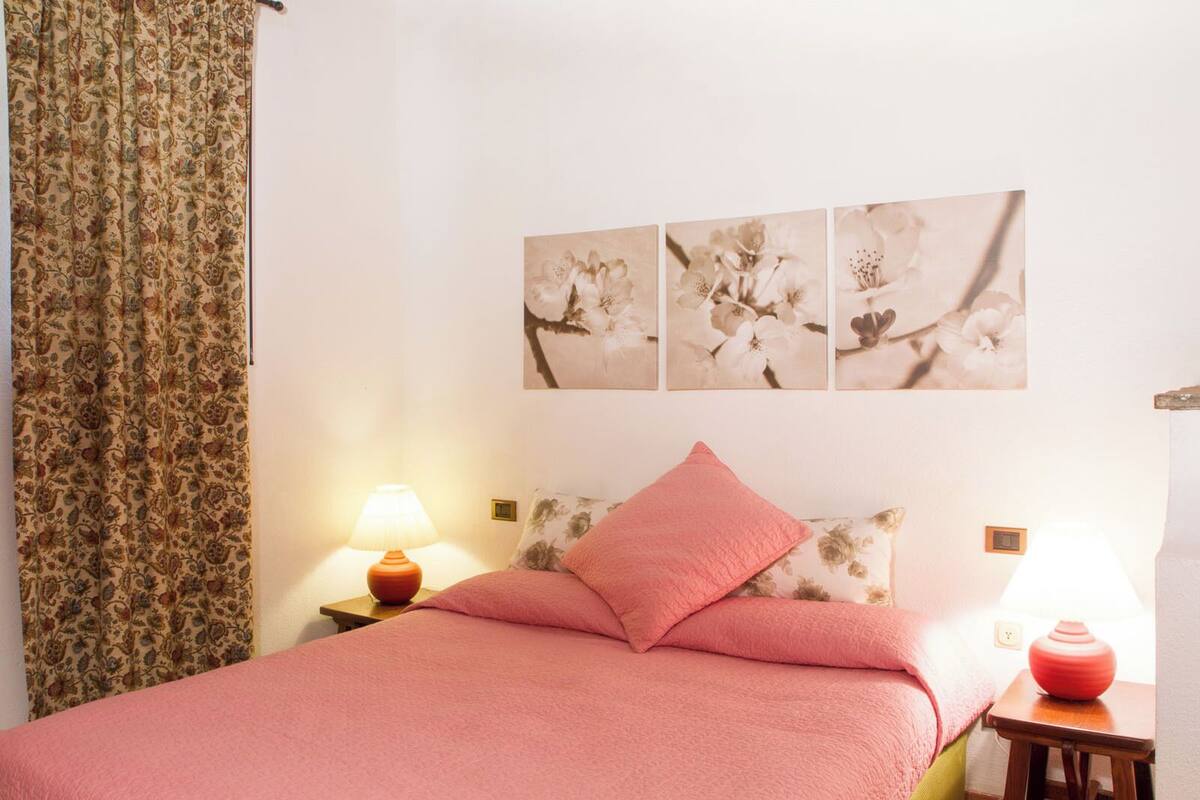 A neatly made bed with a pink blanket, two bedside lamps, and a floral-patterned curtain.
