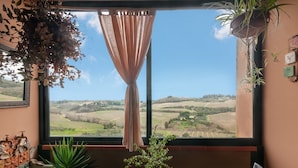 A room with a large window, a potted plant, a small table, and a chair. - Casa Bice Room with Private Terrace and Wi-Fi (Marcialla)