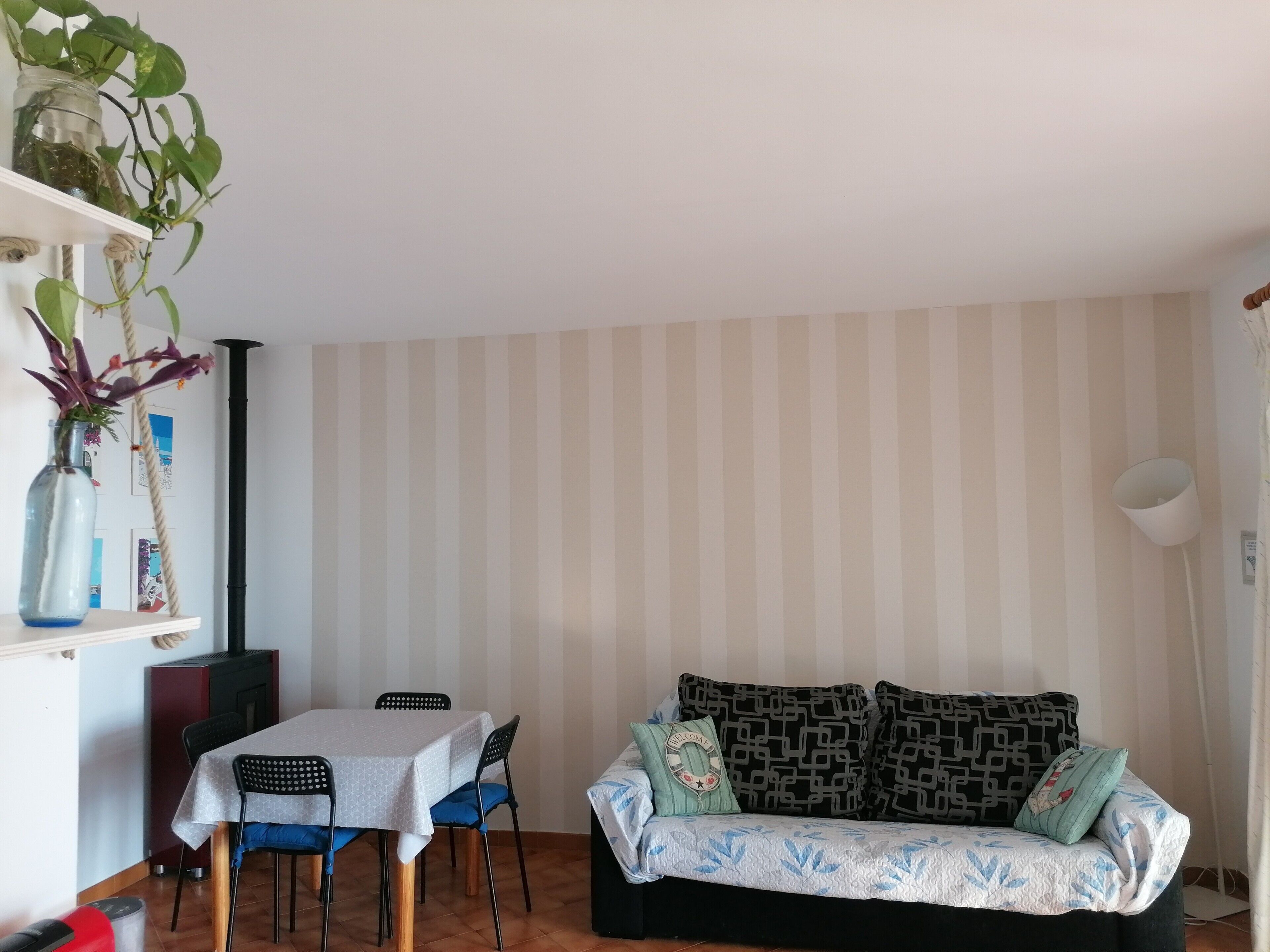 Ein Wohnzimmer mit einer Couch, einem Esstisch mit Stühlen, einer Pflanze auf einem Regal und einem Kamin.