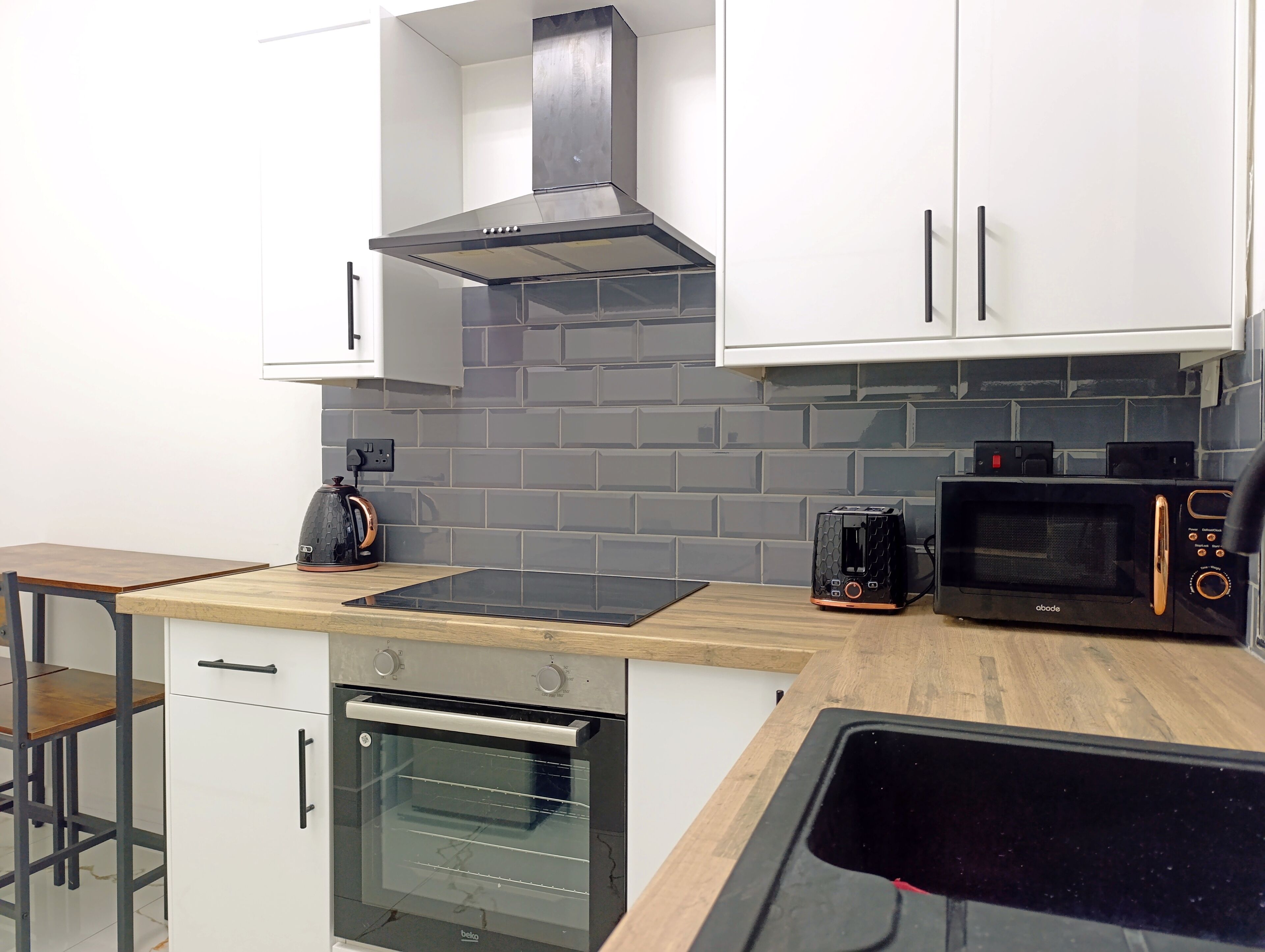 Fridge, microwave, oven, electric kettle