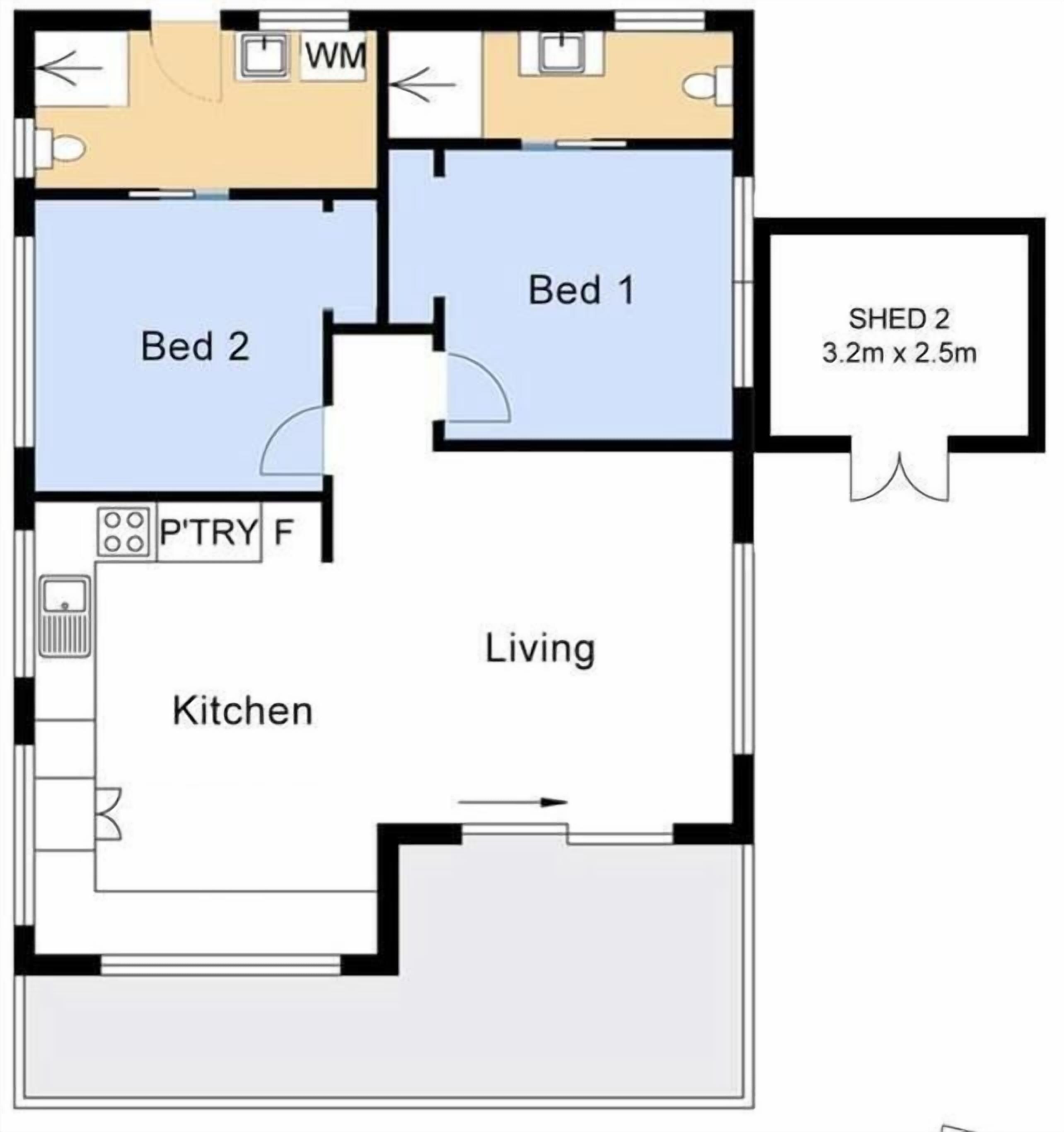 A floor plan with two bedrooms, a kitchen, a living area, and a shed.