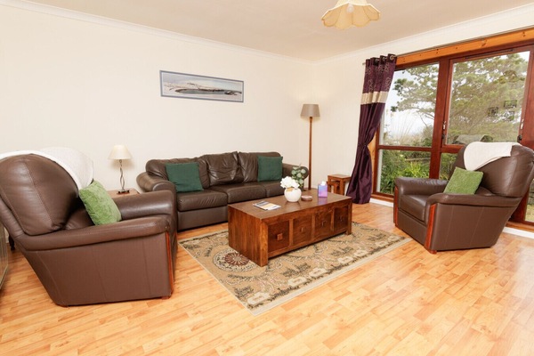 Living room with leather sofas and large windows