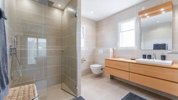 Shower, hair dryer, towels