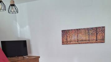 Smart TV, mesa de ping pong, libros