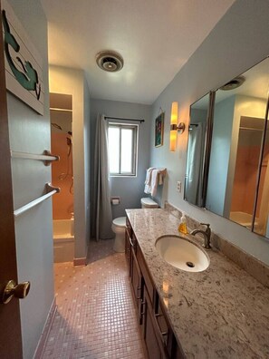 A bathroom with a sink, mirror, and shower.