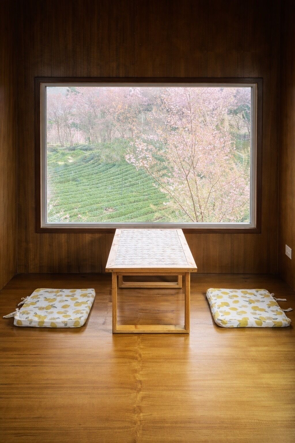 Una habitación con un ventanal grande, una mesa de madera y dos cojines.