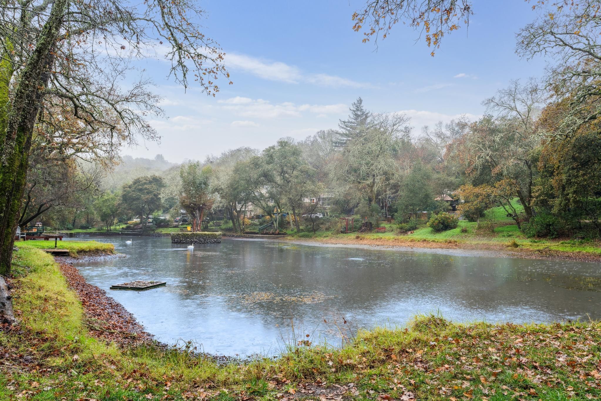 A serene riverside park with a calm river, grassy banks, and trees in the background.