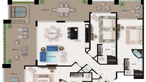 A hotel layout with a central courtyard, multiple bedrooms, a kitchen, a dining area, and a bathroom. - 4,198-square-foot oceanfront suite is chic and modern (Aurora)