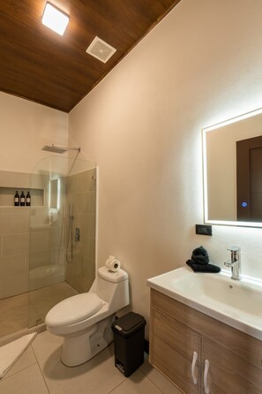 Shower, towels, soap, toilet paper