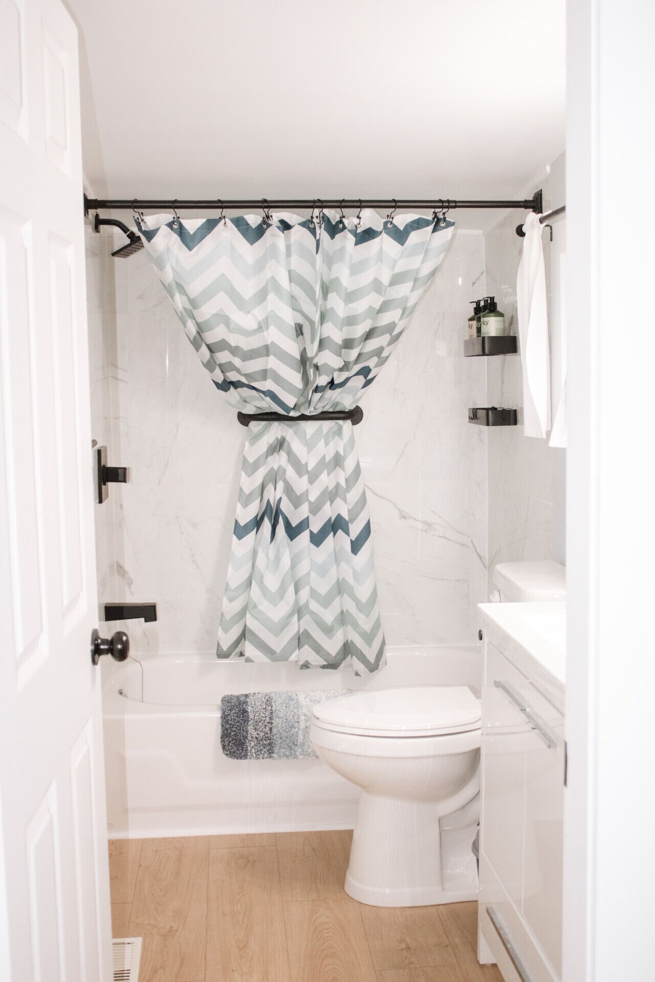 Hair dryer, towels, shampoo, toilet paper