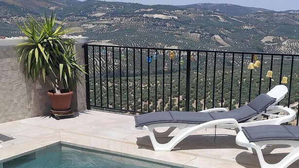 Una piscina con acqua cristallina, circondata da lettini e un vaso con una pianta.