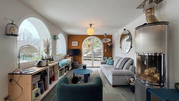 TV, fireplace, books