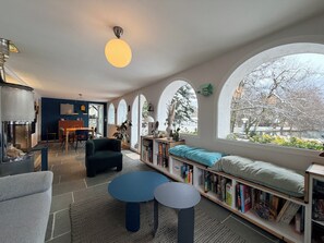 Televisión, chimenea y libros