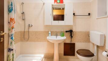 Shower, free toiletries, hair dryer, towels