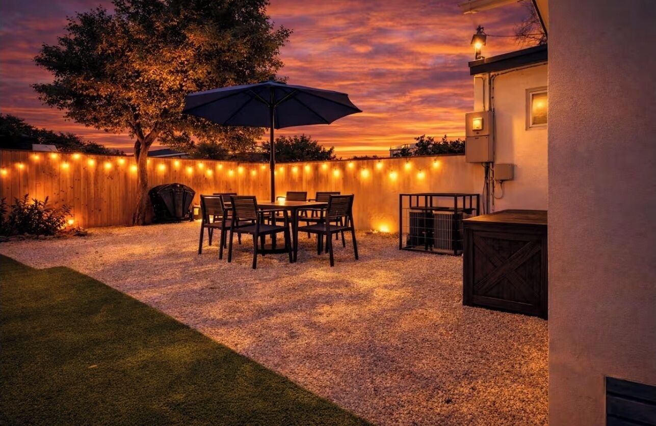A patio with a table and chairs, a wooden fence, and string lights.