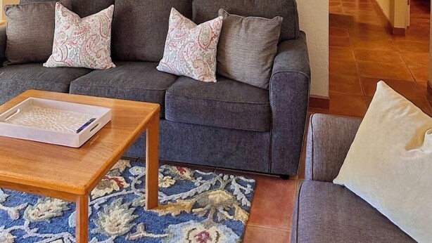 A living room with a grey sofa, patterned cushions, a wooden coffee table, and a floral painting on the wall. - 2 bed/1 bath near NMSU, pets welcome (Las Cruces)